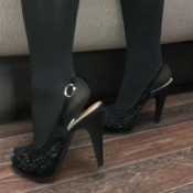 kristina kot - sexy girl in black pantyhose bow show feet